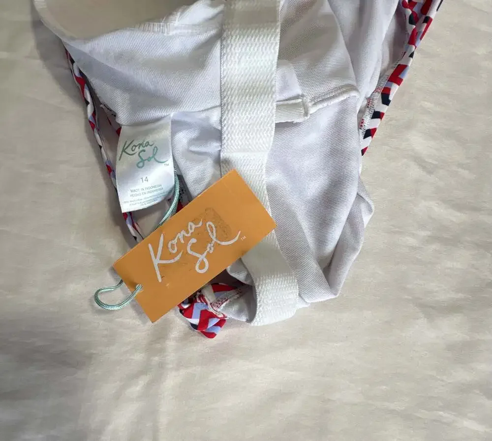 Kona Sol Red White Blue Chevron Ring One Piece Swimsuit Size 14 NWT